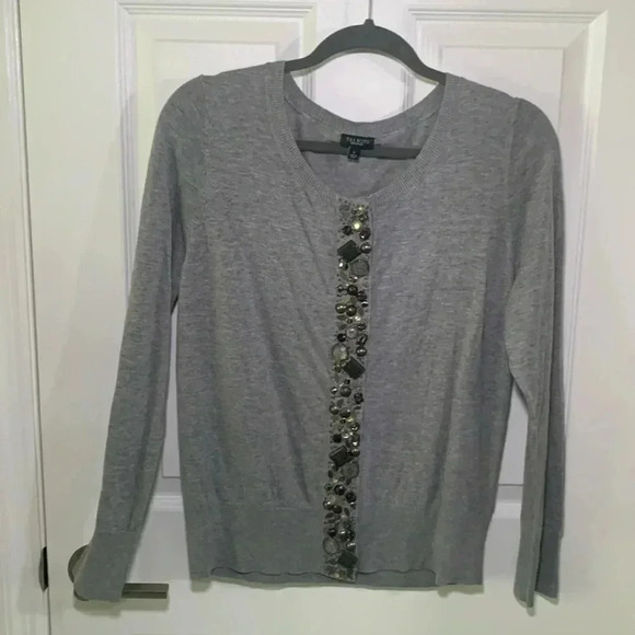 Talbots gray cardigan with embellished beaded front placard size large - Picture 1 of 6